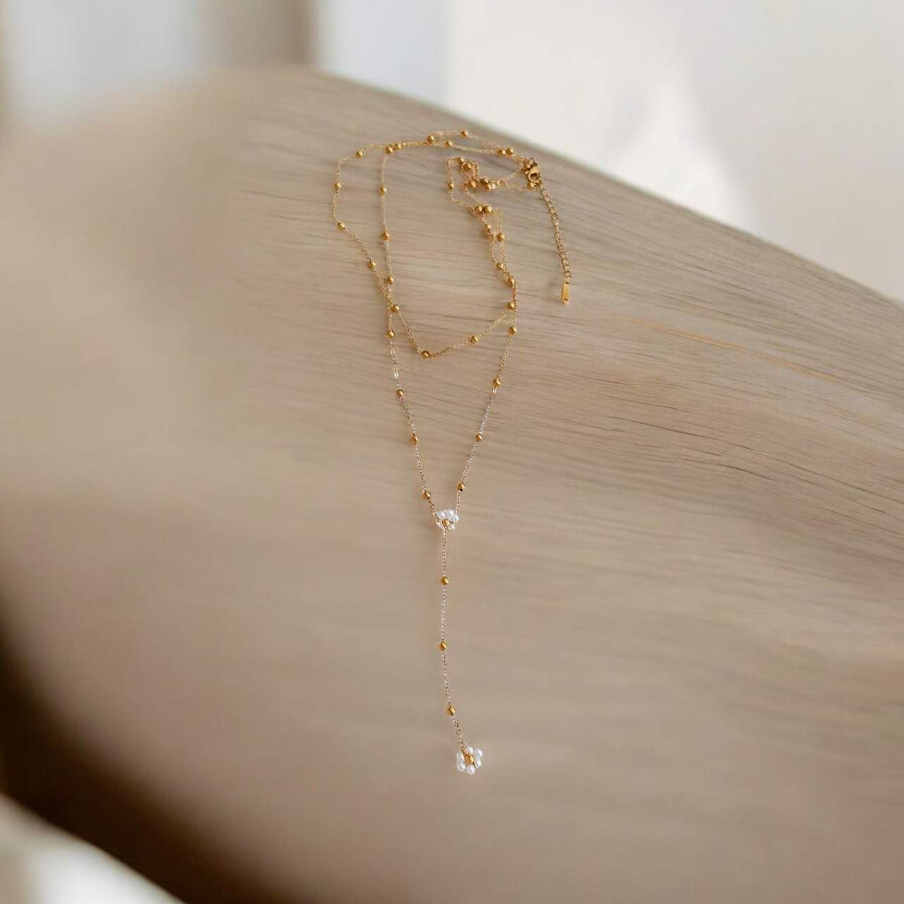Collar doble cadena en Y colgante flores y cuentas de bolas acero  oro 18K PVD waterproof