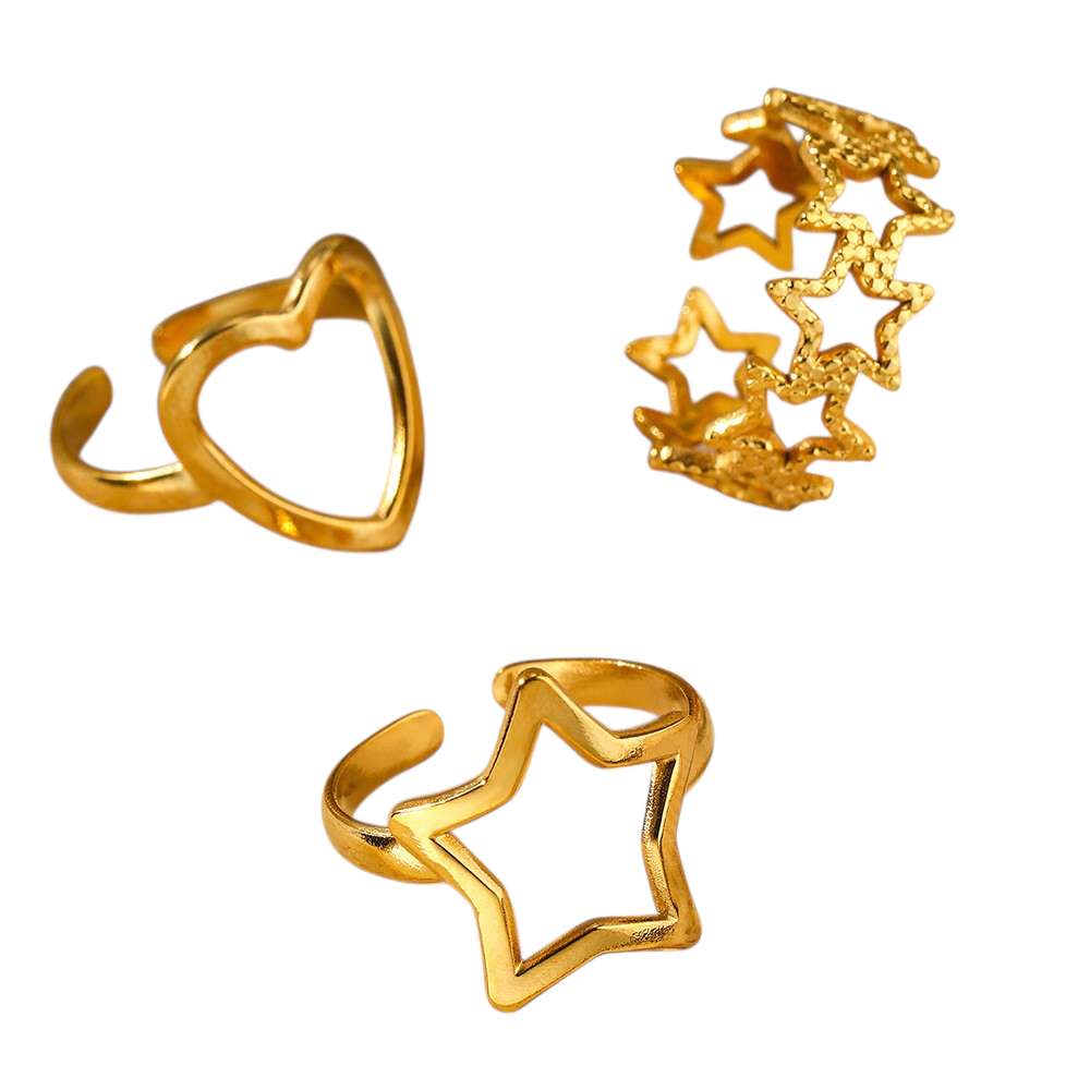 Set de 3 anillos ajustables estrellas y corazon de acero inoxidable oro 18K waterproof tarnish-free