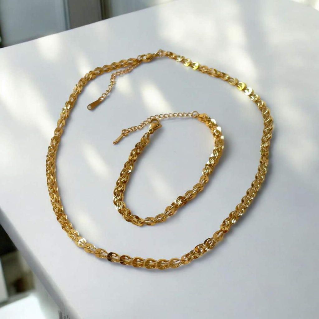 Set de joyas collar con extensor de eslabones de cola de zorro y pulsera a juego de acero inoxidable oro 18K PVD Waterproof