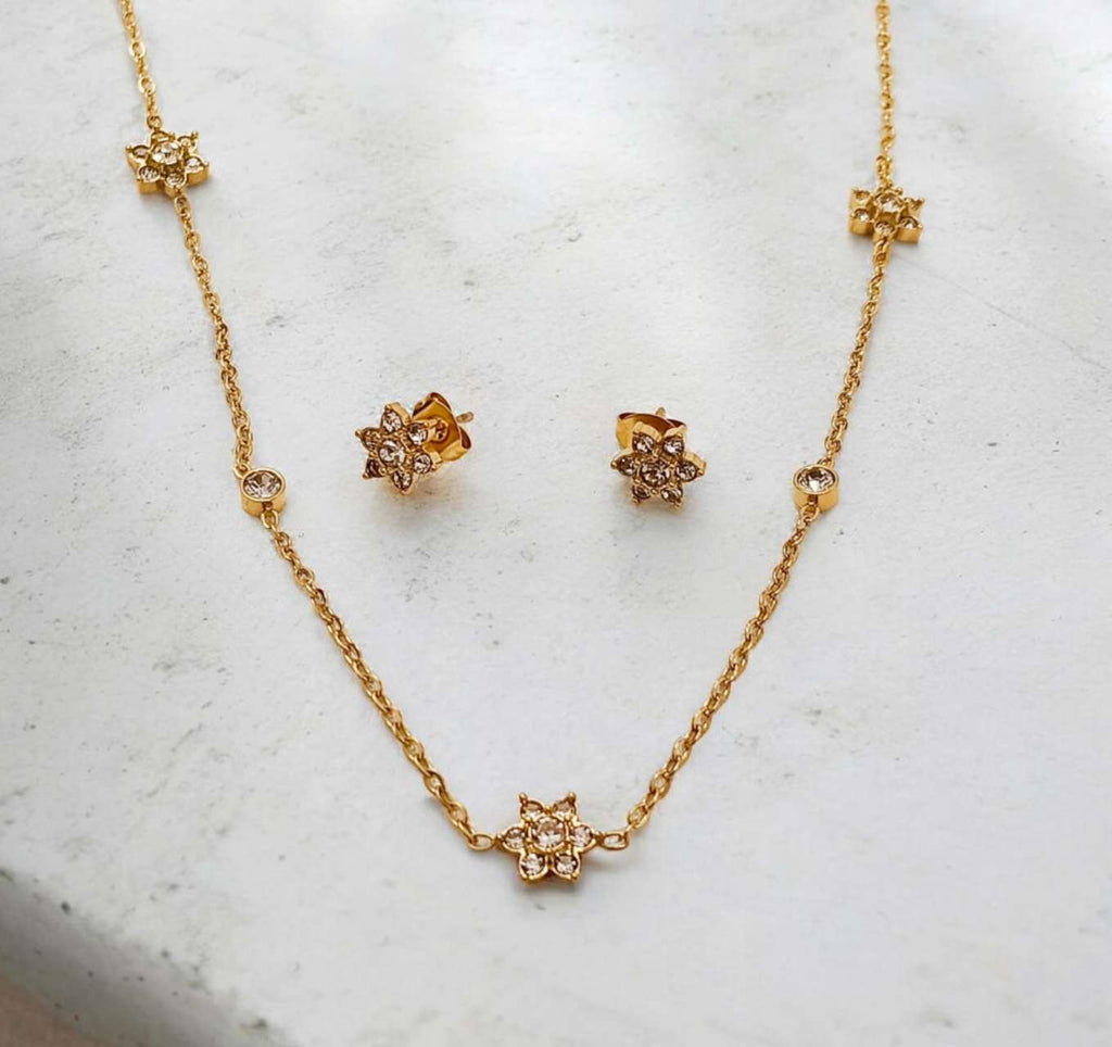 Esencia Floral Conjunto de Collar y Pendientes con Circonita de acero inoxidable oro 18K PVD Waterproof tarnish free