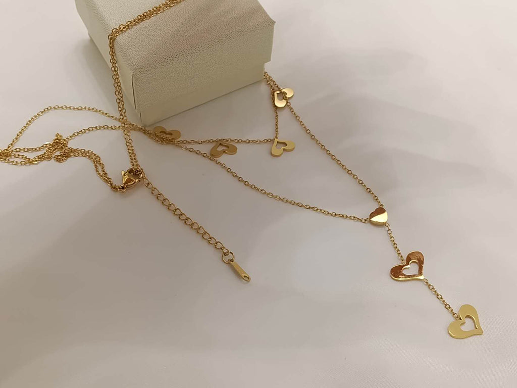Collar ajustable con doble cadena en Y con colgantes corazones y circonita acero inoxidable oro 18K PVD waterproof