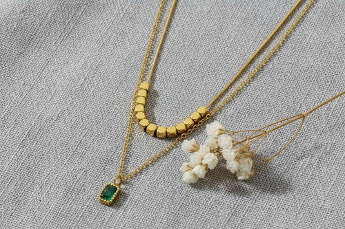Collar ajustable de doble cadena con colgante cuadrado verde y cuentas cuadradas acero inoxidable oro 18K Waterproof tarnish-free