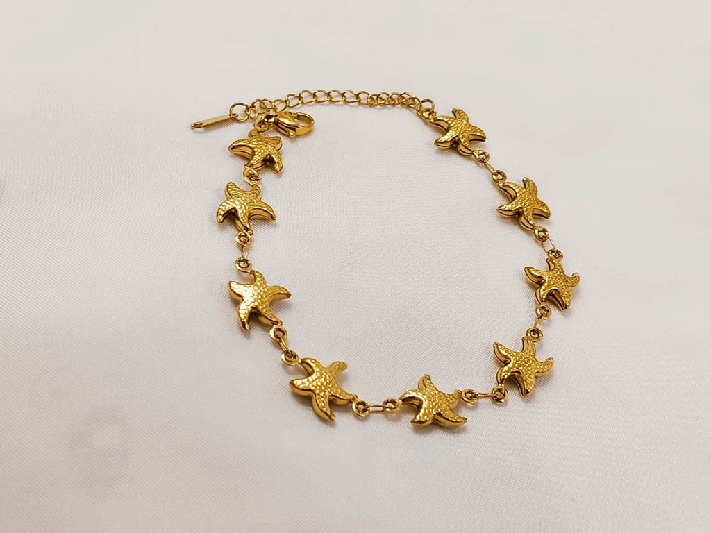 Set de joyas collar ajustable de cuenas de estrellas del mar y pulsera a juego de acero inoxidable oro 18K PVD Waterproof tarnish-free