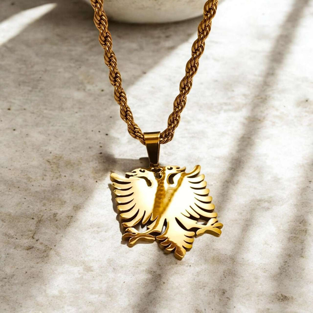 Collar largo de 60cm cadena de trenzas con colgante águila bicéfala albana de acero inoxidable oro 18K PVD Waterproof