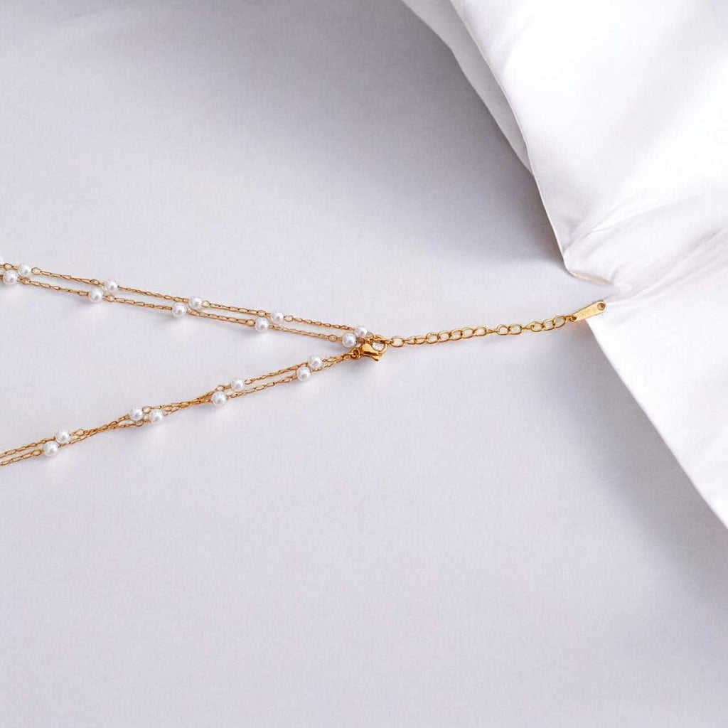 Collar largo de doble capa con cuentas de perlas blancas y flor blanca acero inoxidable oro 18K PVD Waterproof