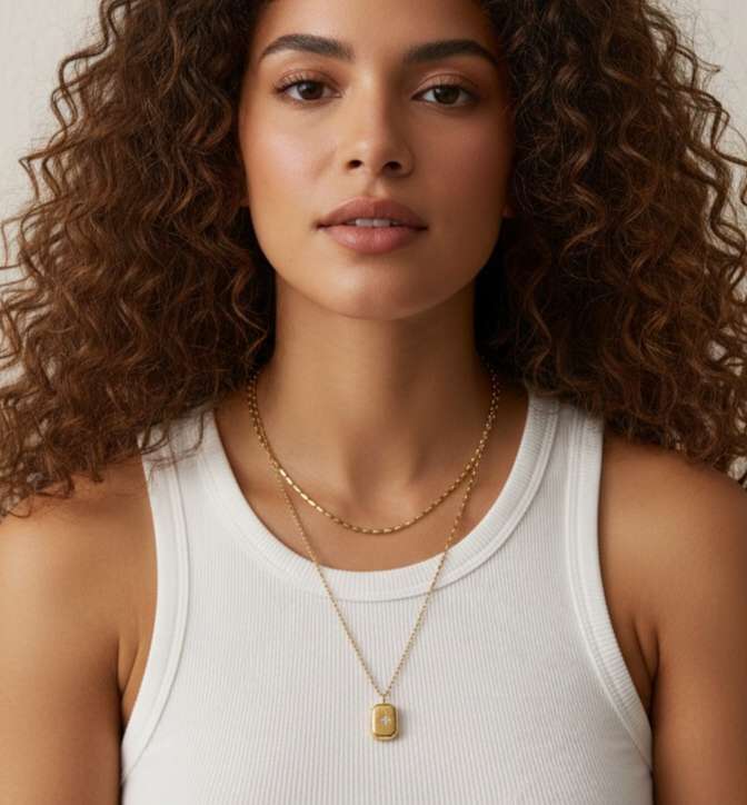 Collar doble cadena estrella polar acero  oro 18K waterproof