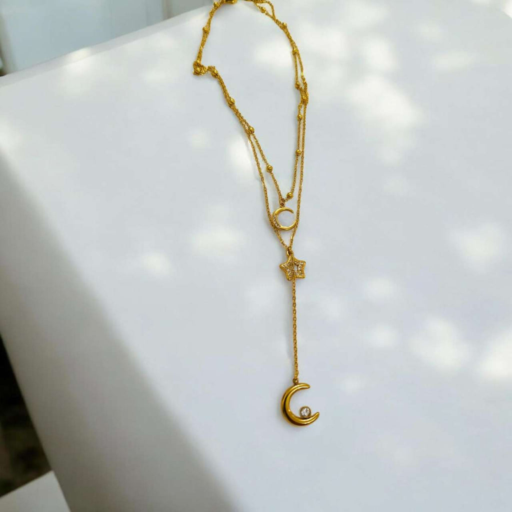 Collar ajustable doble cadena en Y con colgantes luna y estrella circonita de acero inoxidable oro 18K PVD Waterproof