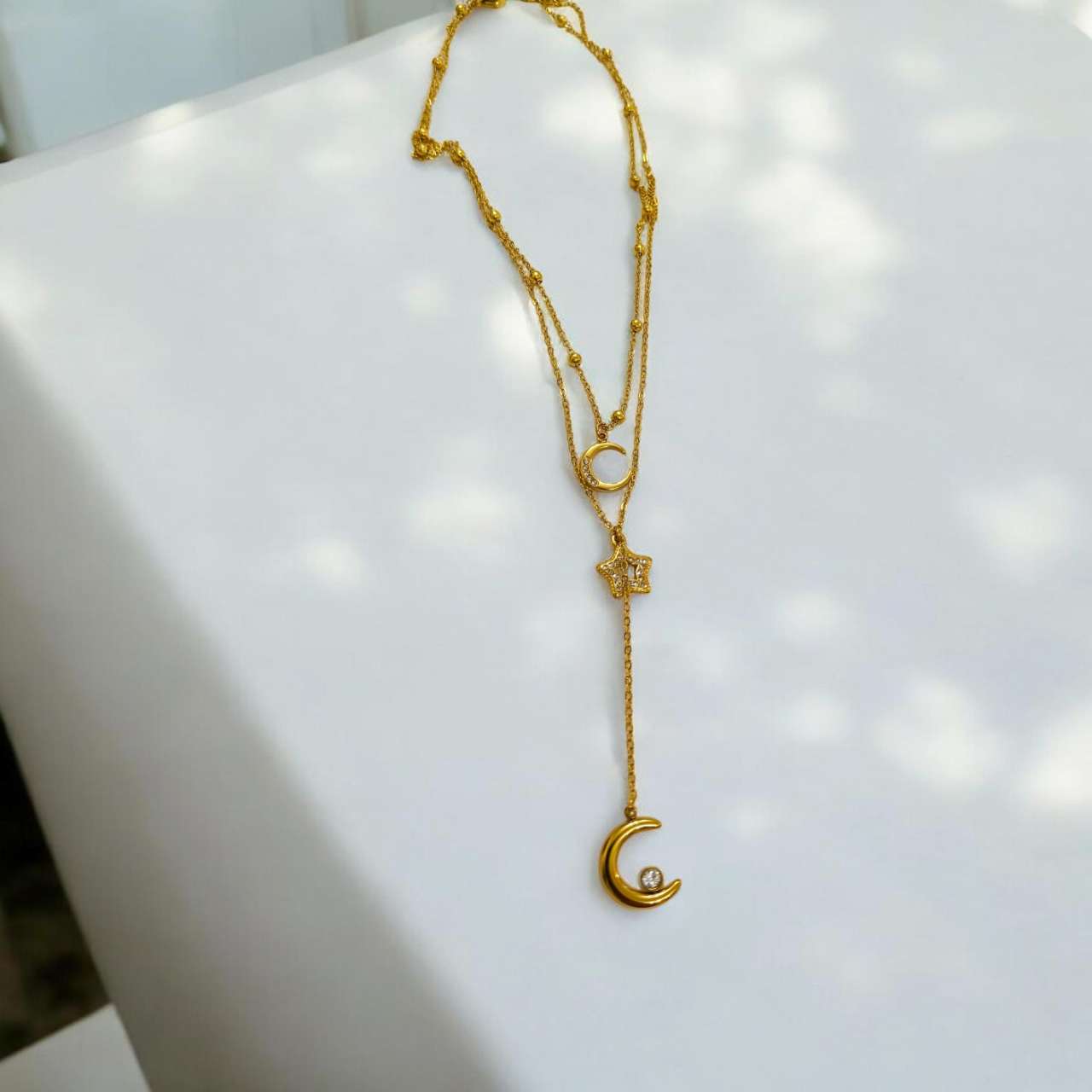 Collar ajustable doble cadena en Y con colgantes luna y estrella circonita de acero inoxidable oro 18K PVD Waterproof