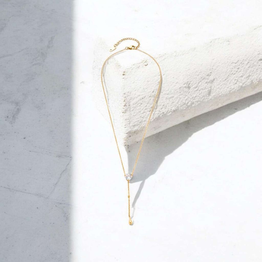 Collar ajustable en Y con colgante corazon circonita y gota de agua de acero inoxidable oro 18K waterproof