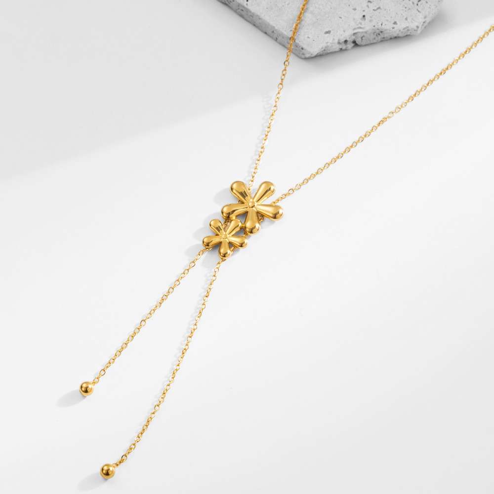 Juego de joyas collar ajustable en Y colgante flores y pendientes a juego acero inoxidable oro 18K waterproof tarnish-free