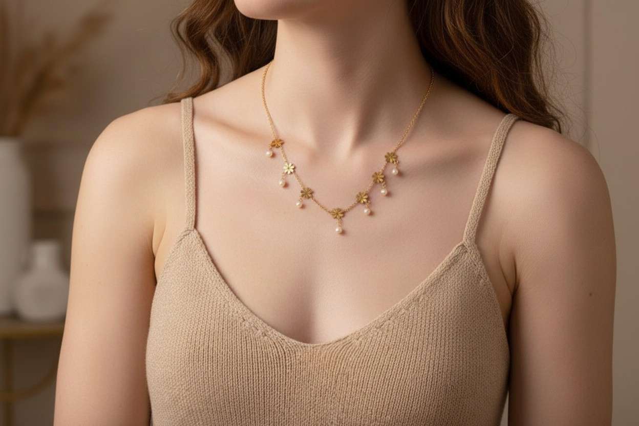 Collar ajustable de cuentas flores y circonitas de acero inoxidable oro 18K waterproof tarnish-free