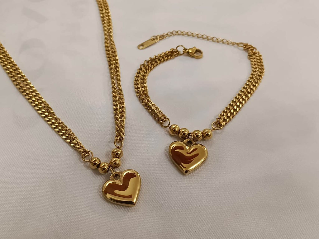 Set de joyas collar ajustable de doble cadena Cubana con colgante corazon grande y pulsera a juego de acero inoxidable oro 18K waterproof tarnish free