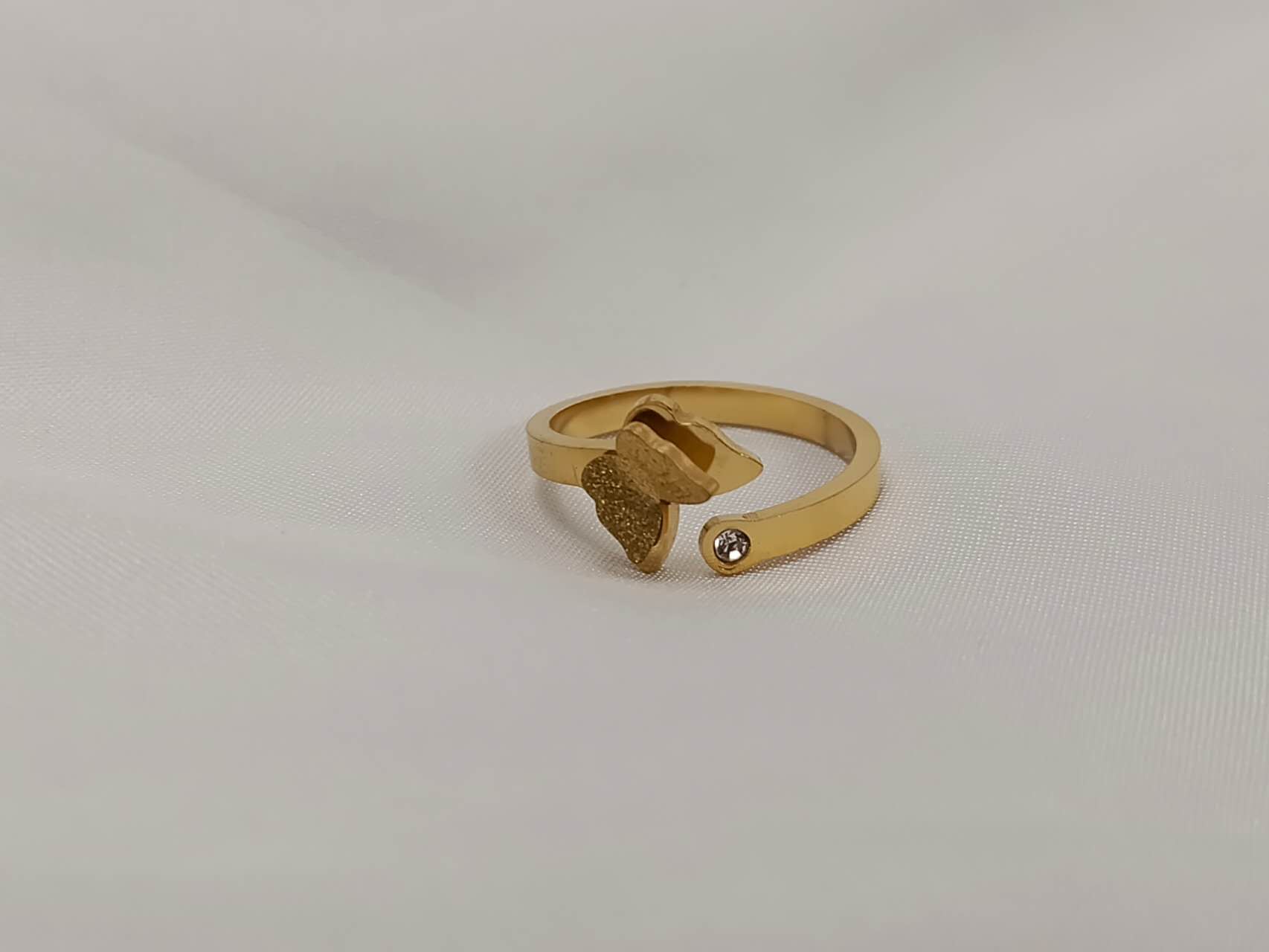 Anillo ajustable abierto mariposa y flor rosal de acero inoxidable oro 18K waterproof