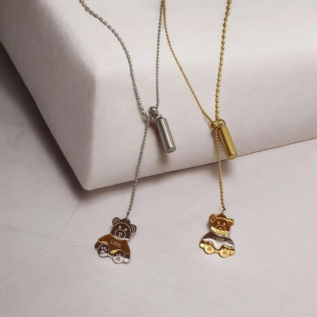 Collar ajustable de bolitas con colgante de oso bicolor acero inoxidable oro 18K waterproof tarnish-free