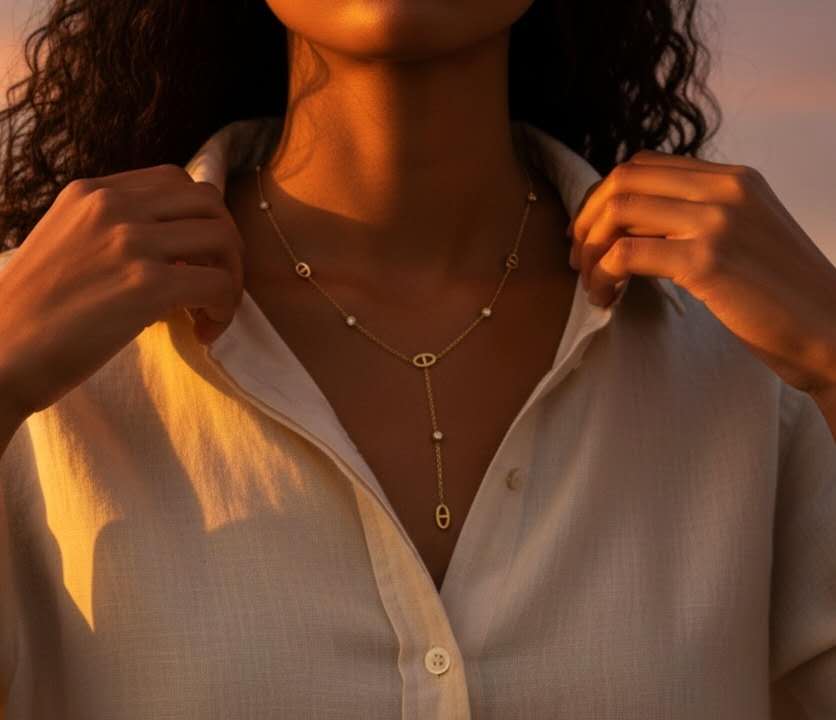 Collar extensor acero con Dijes de estilo marino intercalado y circonita oro 18K PVD Waterproof