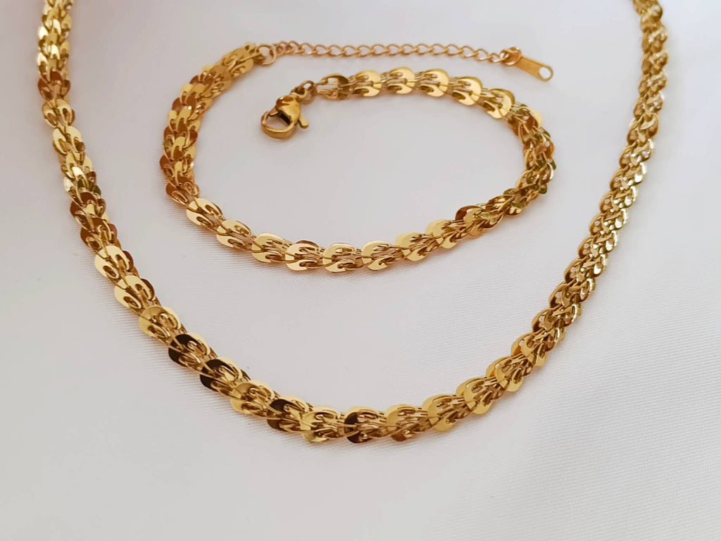 Set de joyas collar con extensor de eslabones de cola de zorro y pulsera a juego de acero inoxidable oro 18K PVD Waterproof