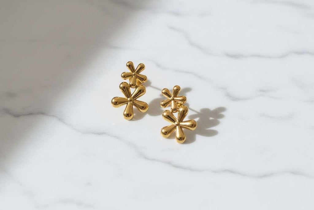 Juego de joyas collar ajustable en Y colgante flores y pendientes a juego acero inoxidable oro 18K waterproof tarnish-free