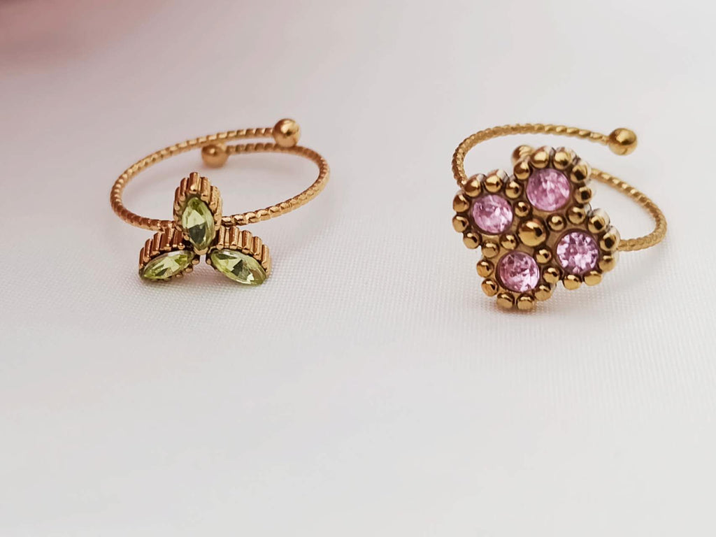 Anillo ajustable abierto con bolas y trebol y flor circonita rosa y verde acero inoxidable oro 18K waterproof tarnish-free