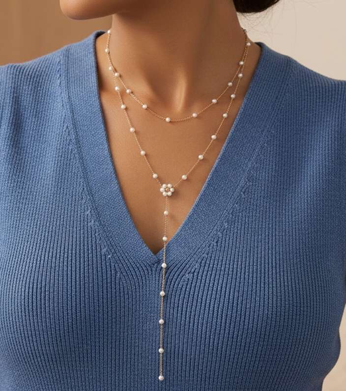 Collar largo de doble capa con cuentas de perlas blancas y flor blanca acero inoxidable oro 18K PVD Waterproof