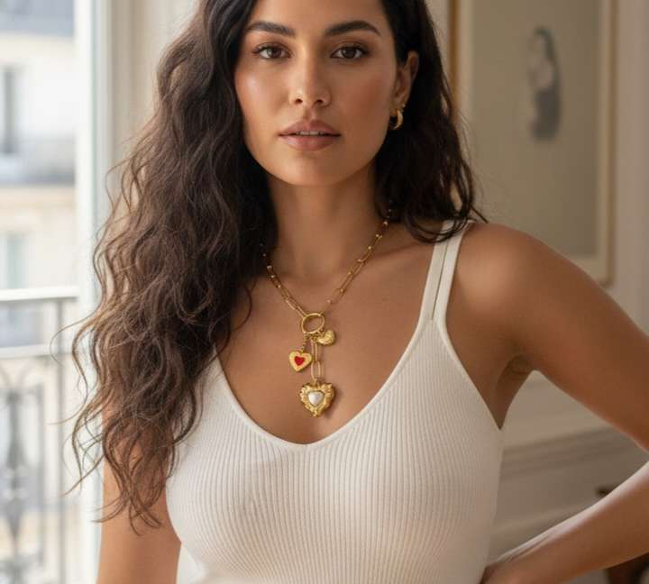 Collar ajustable corazon perla acero de oro 18K waterproof