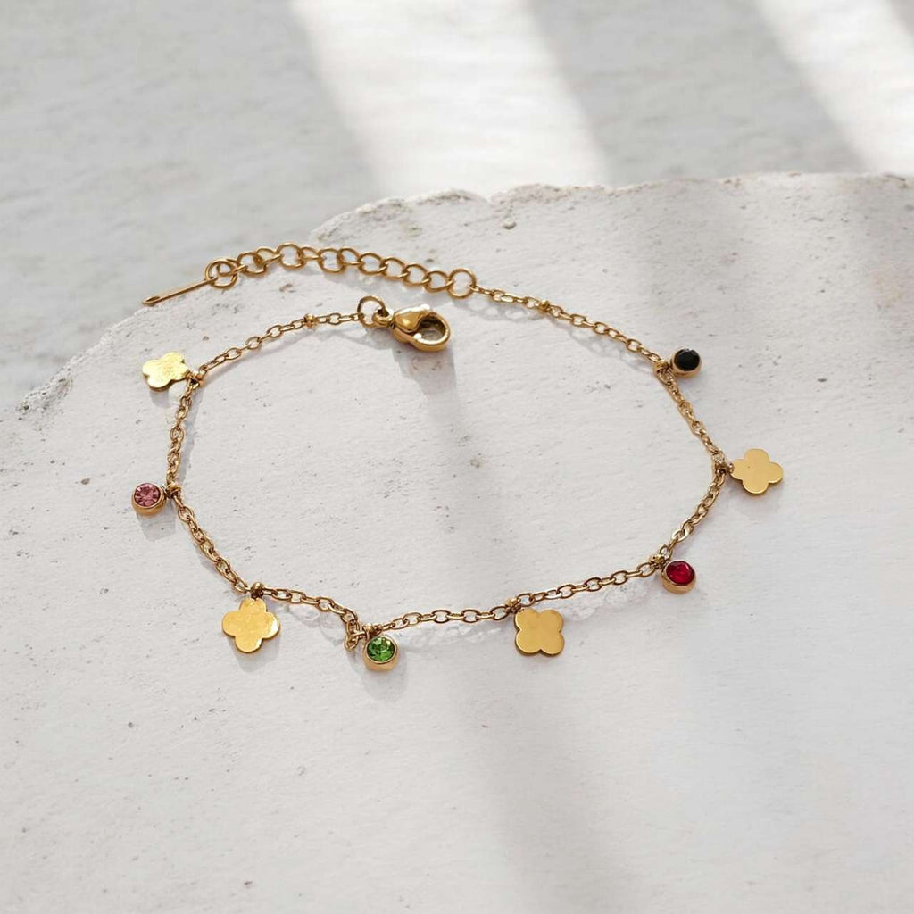 Pulsera de cuentas de hojas de trebol y circonitas multicolor de acero inoxidable oro 18K PVD waterproof