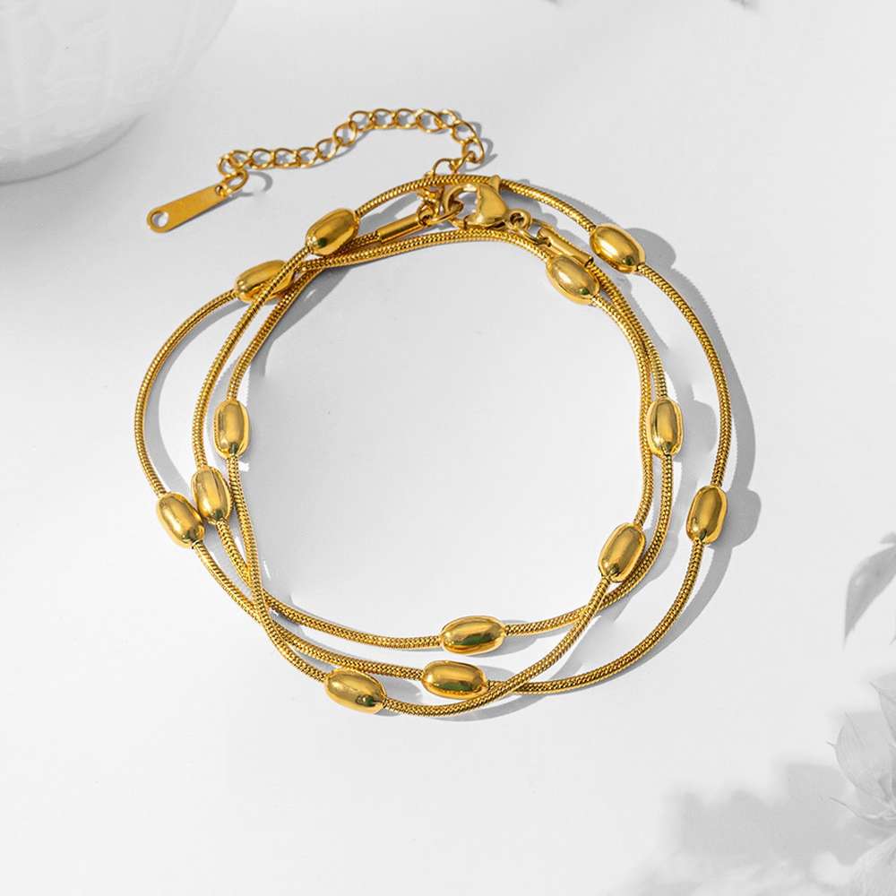 Set de joyas collar ajustable triple cadena  de cuentas bolas  y pulsera a juego acero inoxidable oro 18K