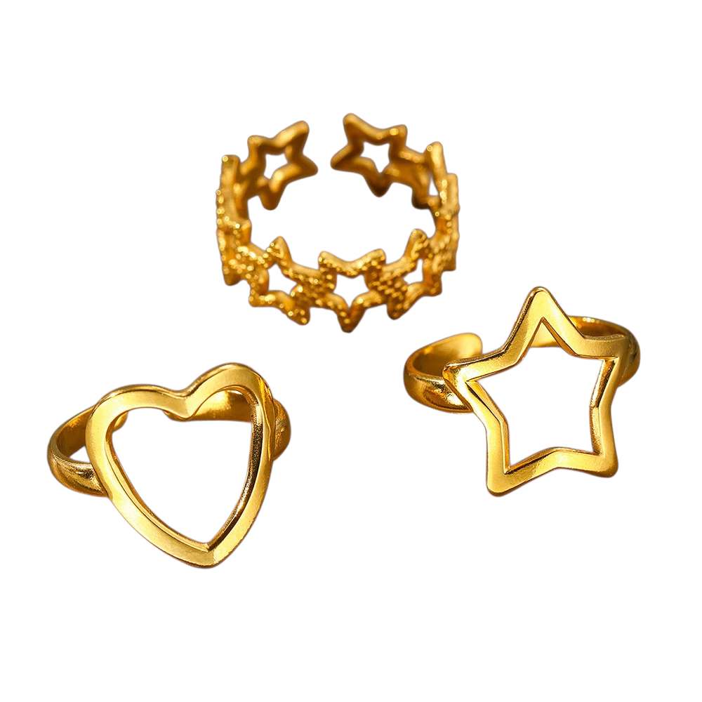 Set de 3 anillos ajustables estrellas y corazon de acero inoxidable oro 18K waterproof tarnish-free
