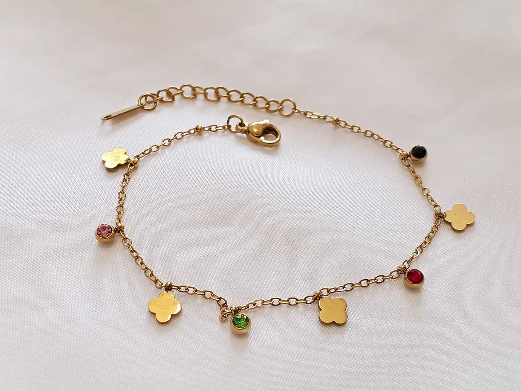 Pulsera de cuentas de hojas de trebol y circonitas multicolor de acero inoxidable oro 18K PVD waterproof