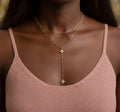 Collar en Y con doble cadena de cuentas bolitas con colgante trebol circonita de acero inoxidable oro 18K waterproof