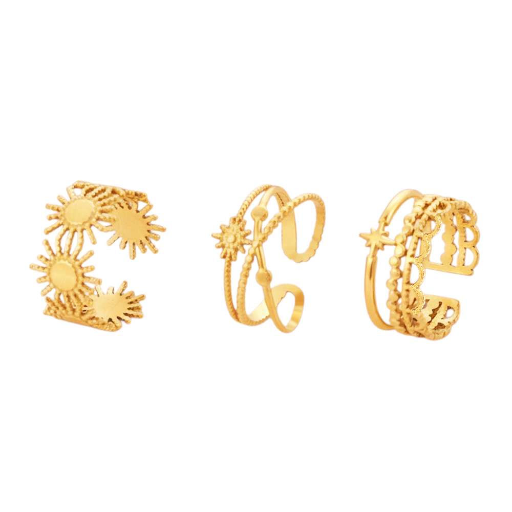 Set de 3 anillos ajustables estrellas y sol de acero inoxidable oro 18K waterproof tarnish-free (Copia)