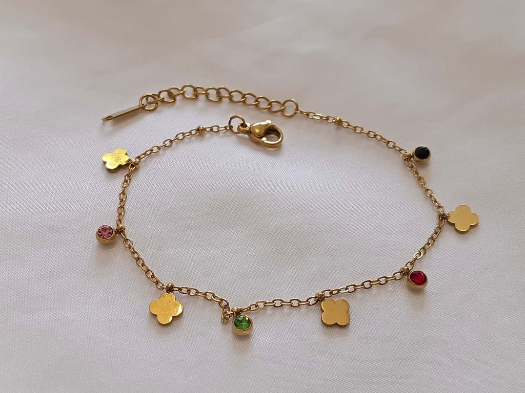 Pulsera de cuentas de hojas de trebol y circonitas multicolor de acero inoxidable oro 18K PVD waterproof