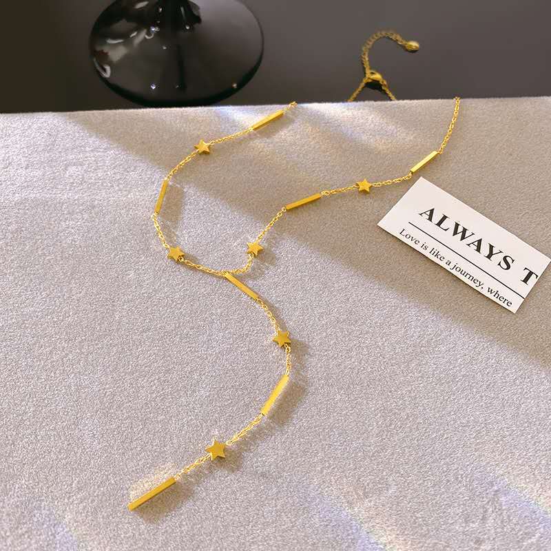 Collar en Y con extensor de cuentas mariposas y barras, estrellas de acero inoxidable oro 18K PVD Waterproof