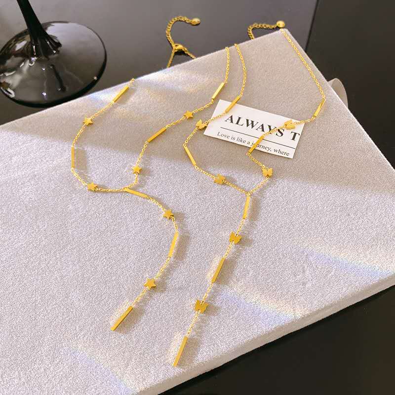 Collar en Y con extensor de cuentas mariposas y barras, estrellas de acero inoxidable oro 18K PVD Waterproof