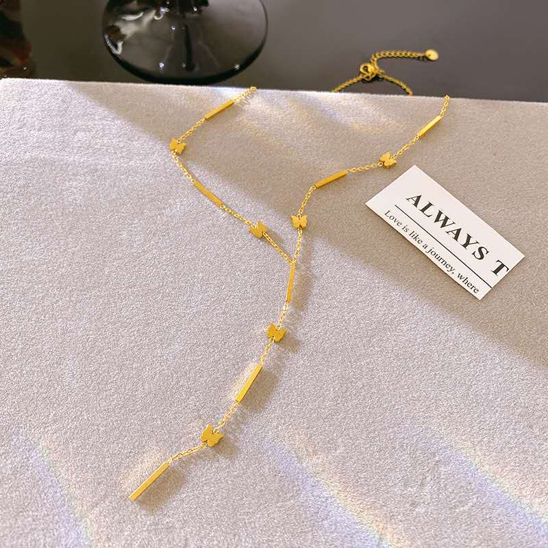 Collar en Y con extensor de cuentas mariposas y barras, estrellas de acero inoxidable oro 18K PVD Waterproof