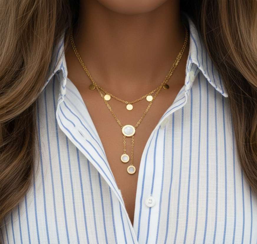 Collar con extensor de doble cadena con colgantes discos y colgante numero romano de acero inoxidable oro 18K PVD Waterproof tarnish-free