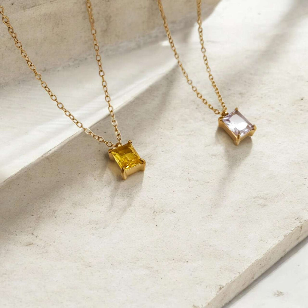 Collar ajustable con colgante cuadrado circonita amarilla de acero inoxidable oro 18K waterproof tarnish-free