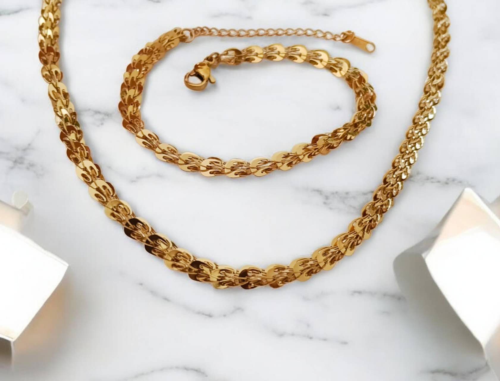 Set de joyas collar con extensor de eslabones de cola de zorro y pulsera a juego de acero inoxidable oro 18K PVD Waterproof