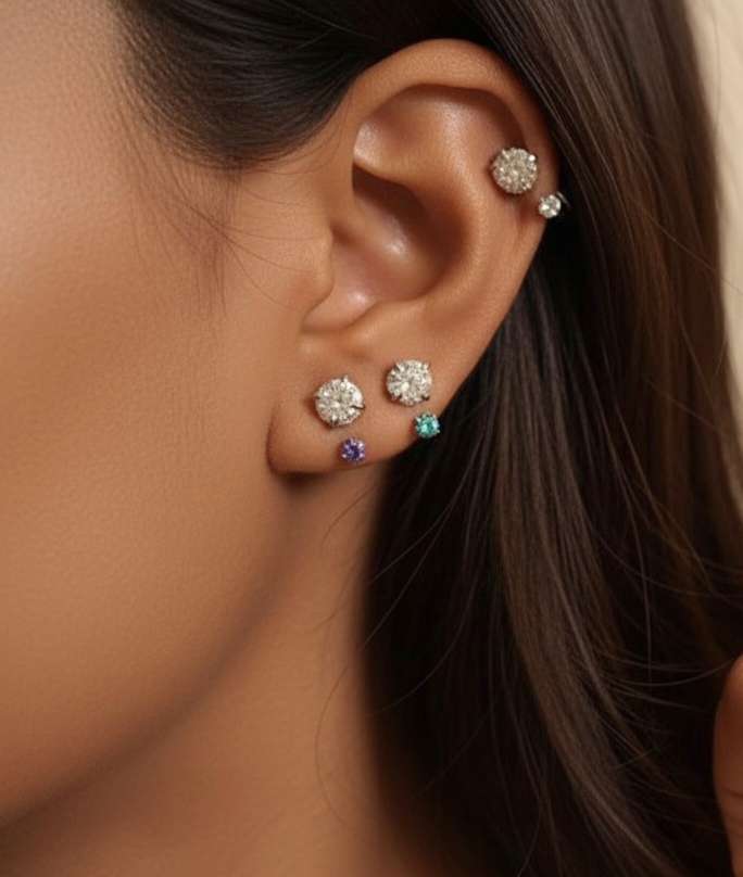 Pendientes de acero inoxidable 316 con circonitas rosas azules doble cabeza para mujeres
