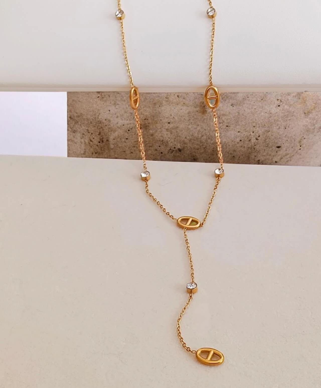 Collar extensor acero con Dijes de estilo marino intercalado y circonita oro 18K PVD Waterproof