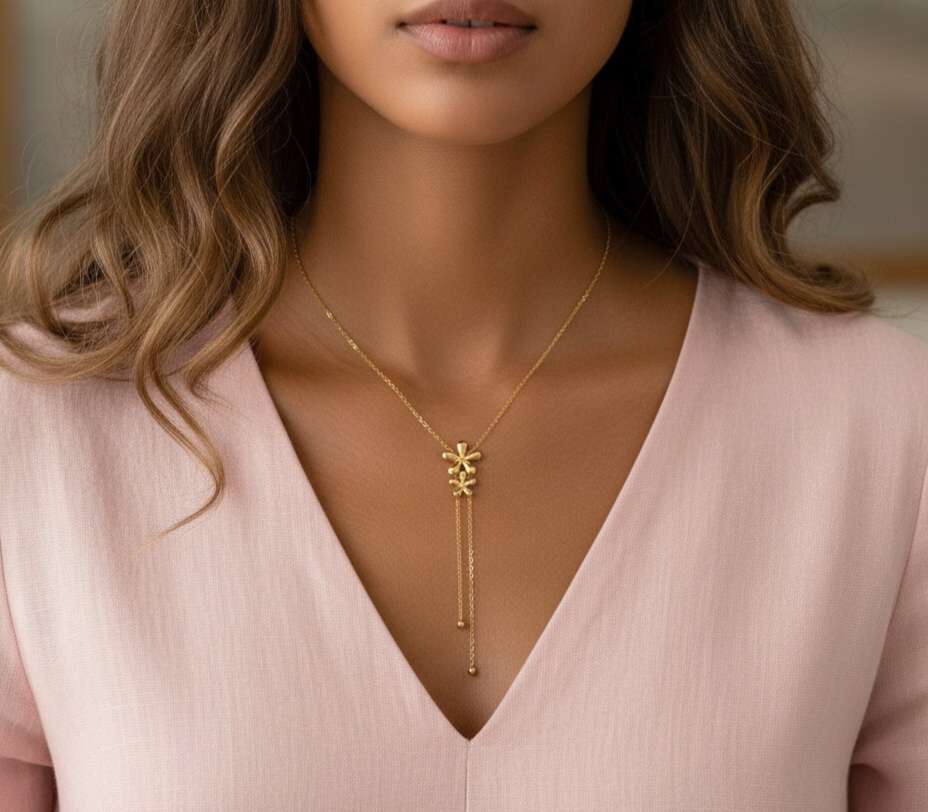 Juego de joyas collar ajustable en Y colgante flores y pendientes a juego acero inoxidable oro 18K waterproof tarnish-free