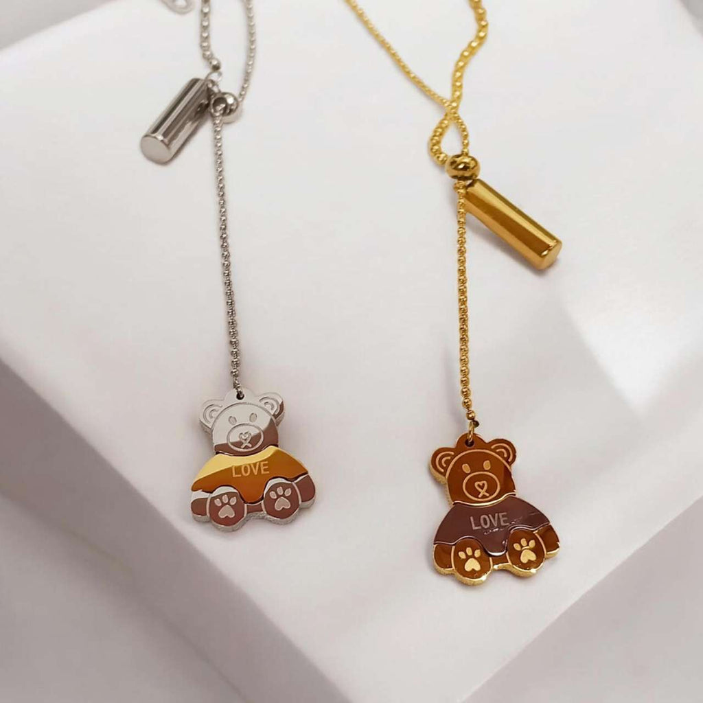 Collar ajustable de bolitas con colgante de oso bicolor acero inoxidable oro 18K waterproof tarnish-free