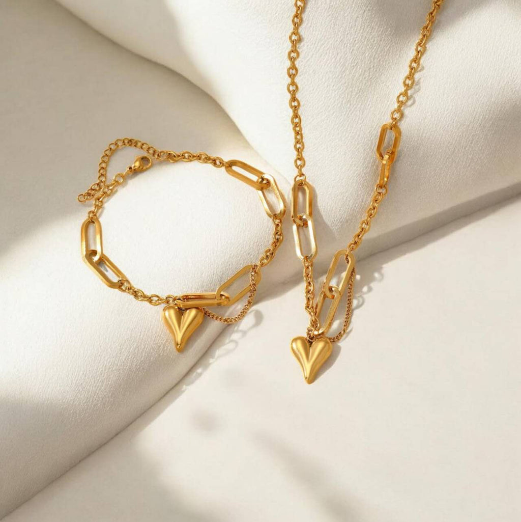 Conjunto de joyas collar y Pulsera con colgante corazon de acero inoxidable oro 18K pvd waterproof tarnish-free