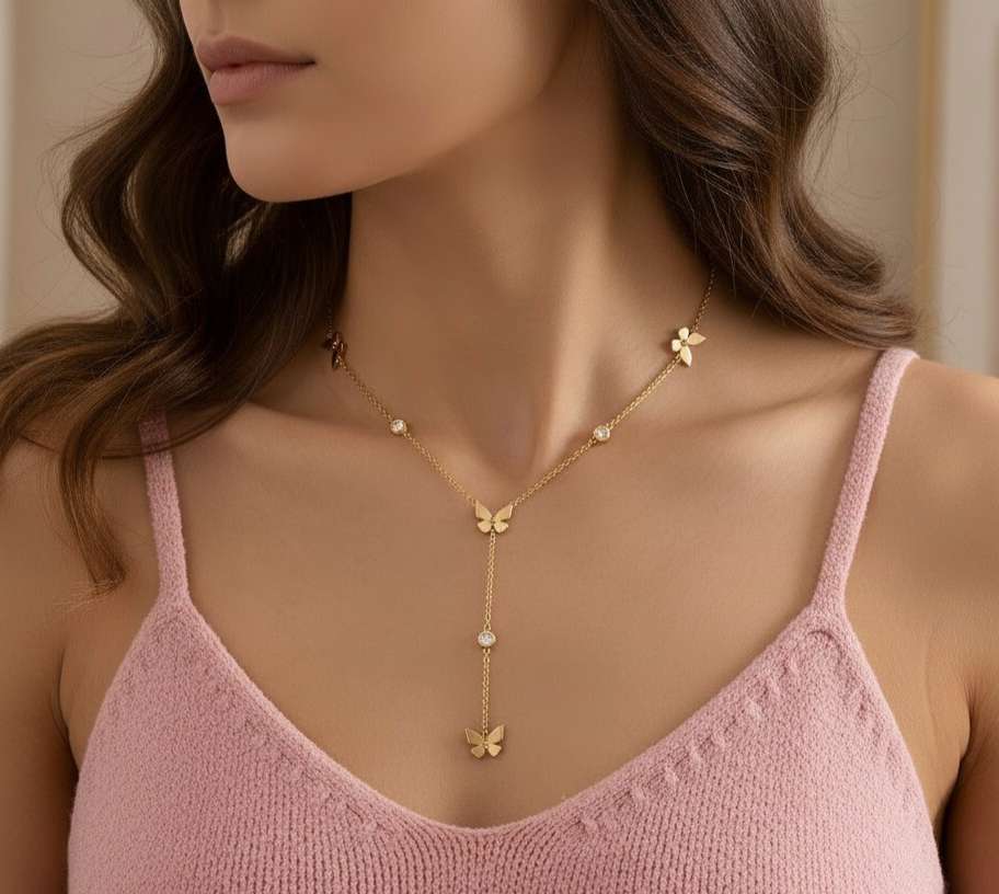 Collar en Y de cuentas mariposas y circonitas de acero inoxidable oro 18K PVD Waterproof tarnish-free