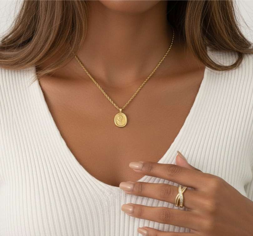 Collar Ovalado Girasol Oro 18K Acero cadena gruesa trenza