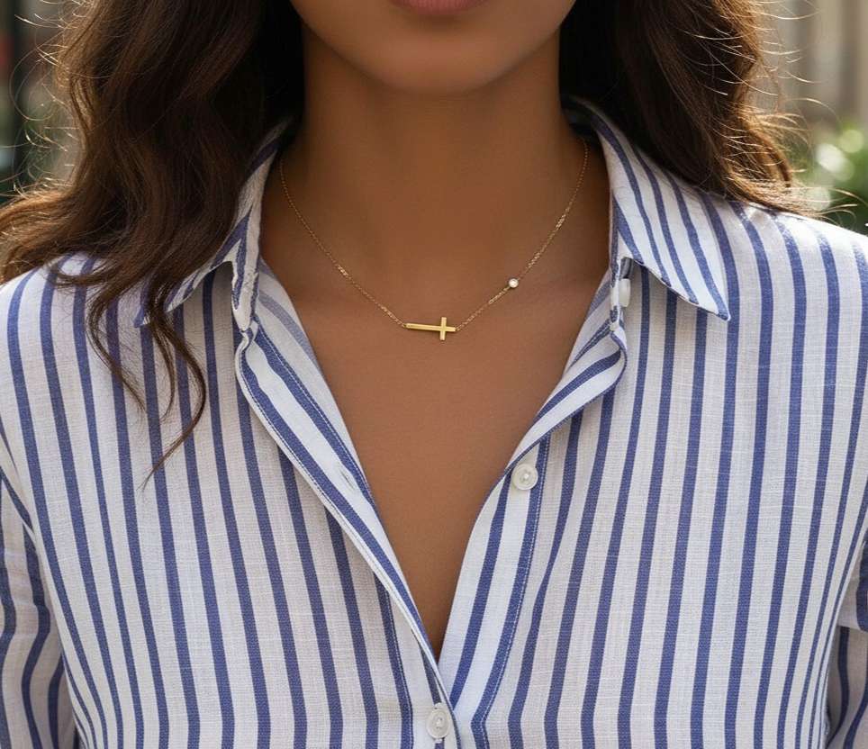 Conjunto collar cruz y pulsera circonita acero oro 18K PVD