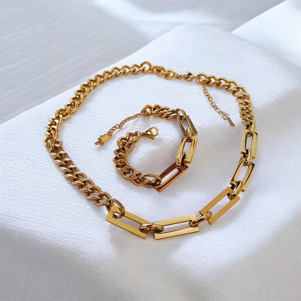 et de Collar y Pulsera Acero Inoxidable oro 18K PVD Waterproof Eslabones Rectangulares en Tendencia