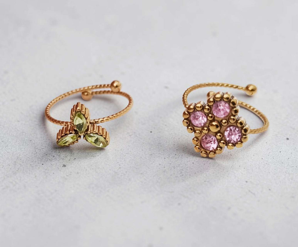 Anillo ajustable abierto con bolas y trebol y flor circonita rosa y verde acero inoxidable oro 18K waterproof tarnish-free