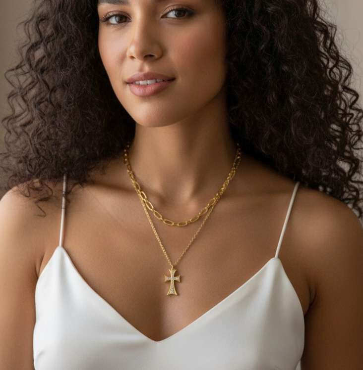 Collar doble cadena cruz circonita acero oro 18K waterproof