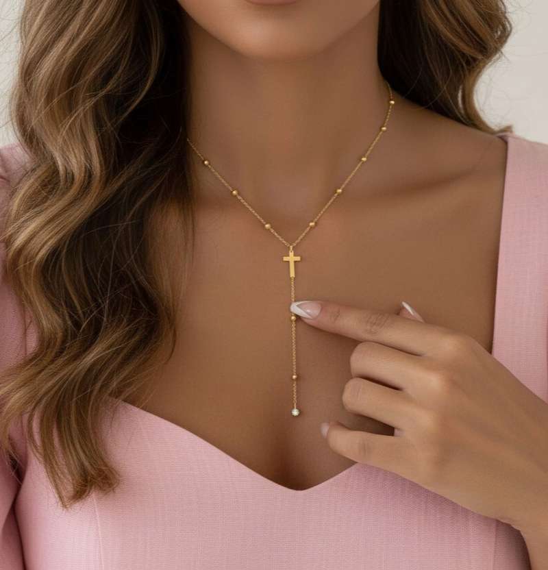 Collar de cuentas bolitas en Y con colgante cruz y circonita de acero inoxidable oro 18K Waterproof