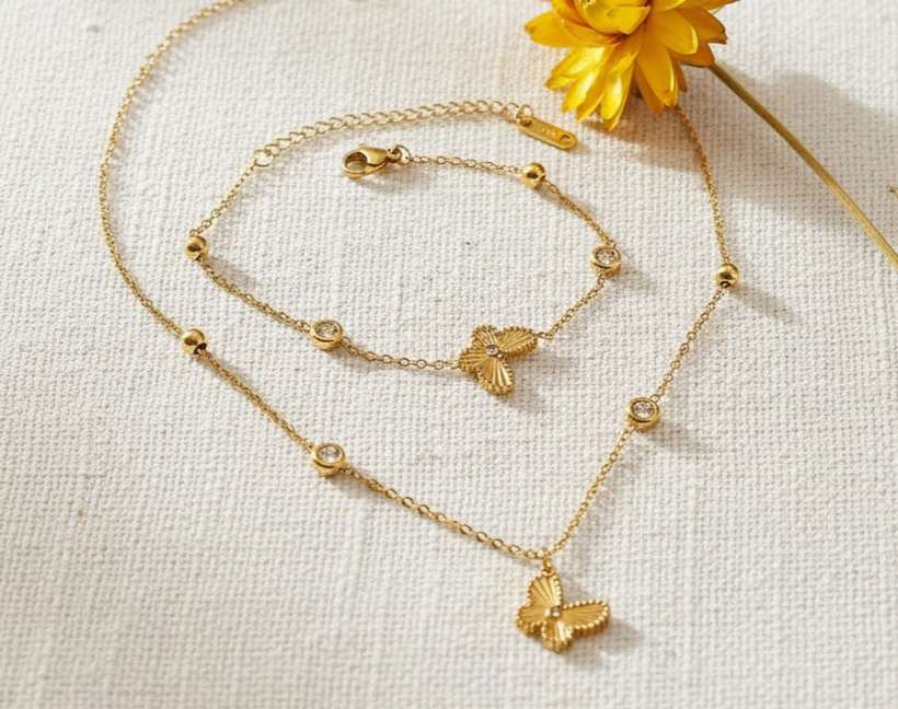 Set de joyas collar con extensor ajustable mariposa circonita bolita y pulsera a juego acero inoxidable oro 18K Waterproof tarnish-free